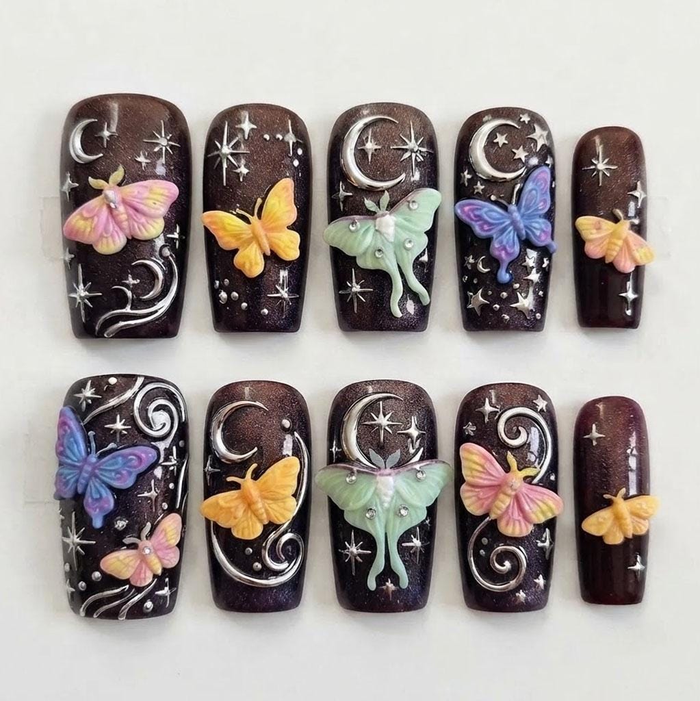 Celestial Butterfly Press-On Nails with Silver Moons, Stars and 3D Accents
