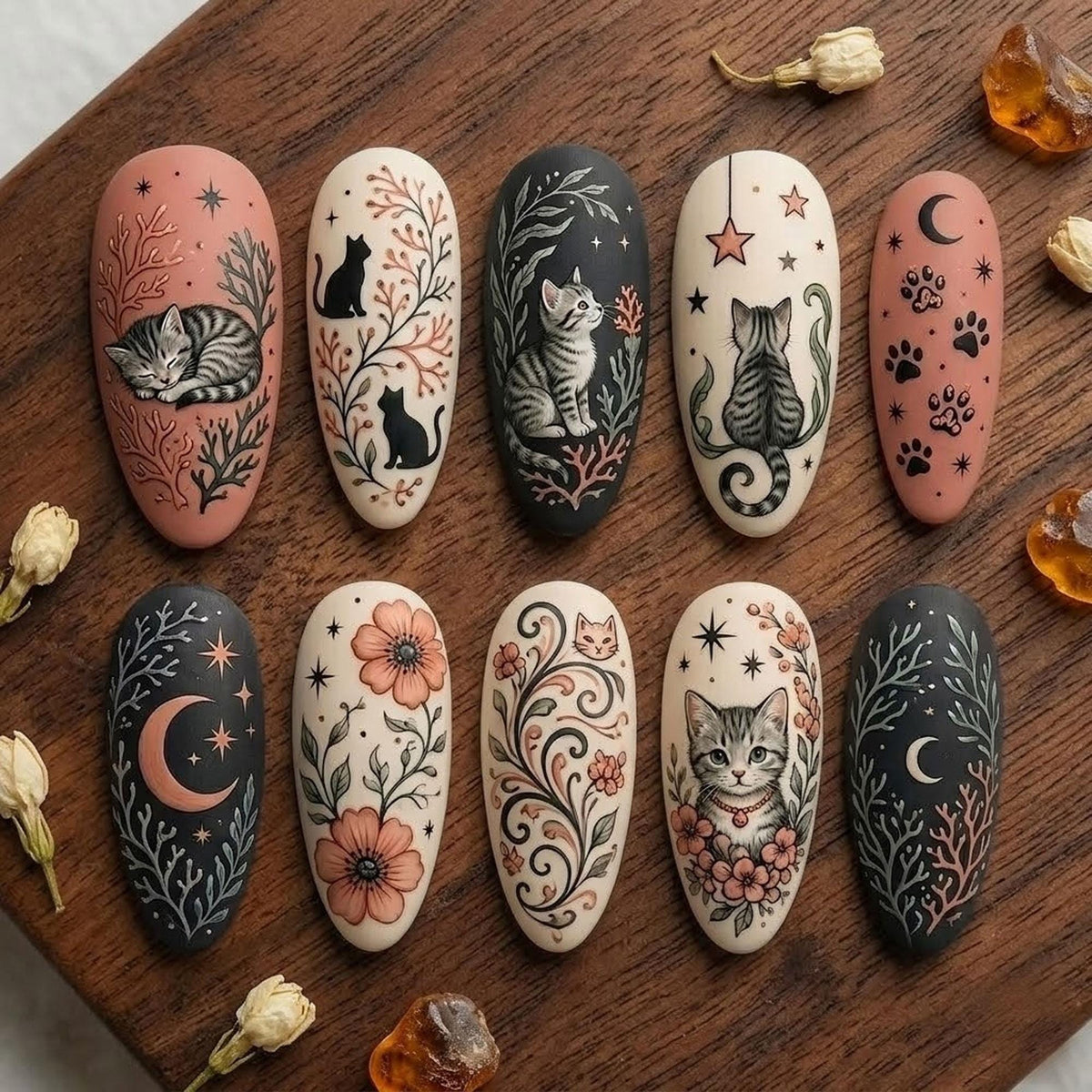 Celestial Cat and Kitten Nails with Moons, Stars, Florals and Paw Prints