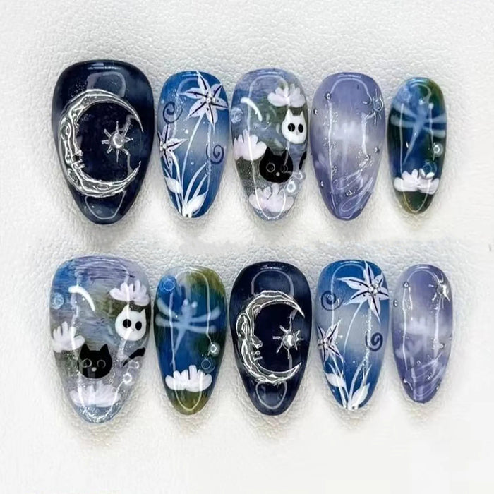 Celestial Cat Press On Nails with Crescent Moons, Stars, and White Flowers