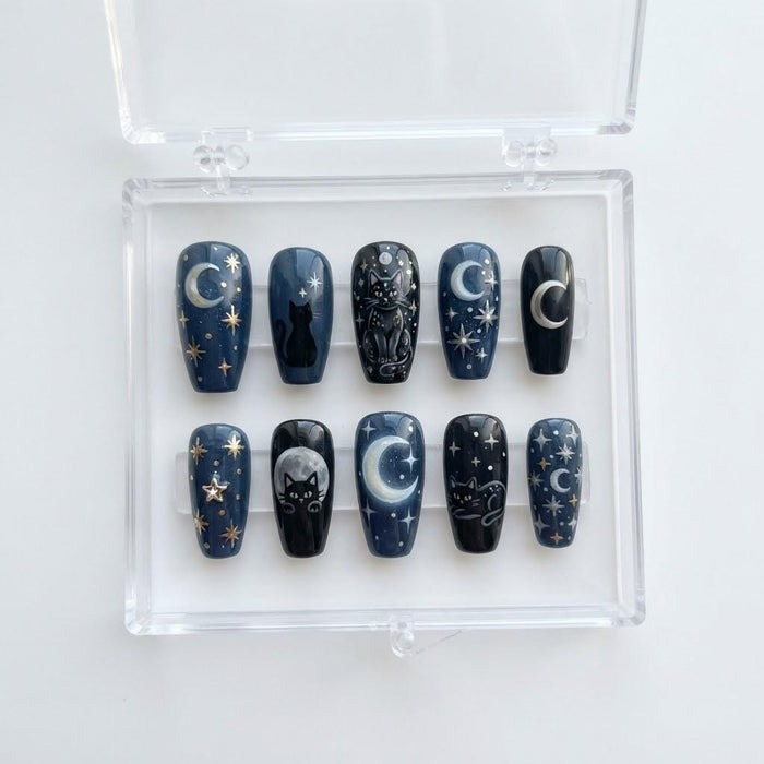 Celestial Cat Press-On Nails With Crescent Moons and Stars
