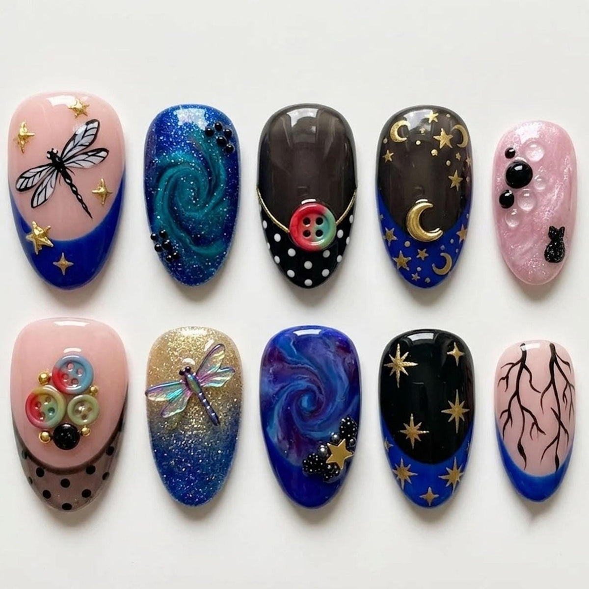 Celestial Dragonfly Nails with Galaxy Swirls, Gold Moons and Stars
