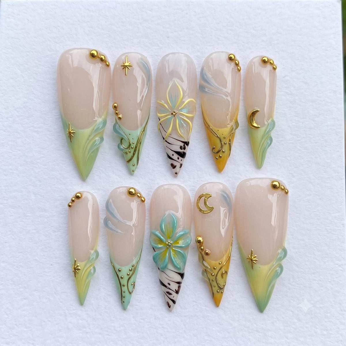Celestial Floral French Tip Nail Set With Teal, Gold Moons and Starbursts