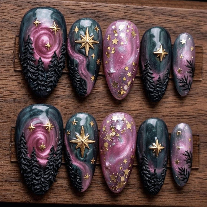 Celestial Forest Press On Nails With Swirling Night Skies and Gold Starbursts