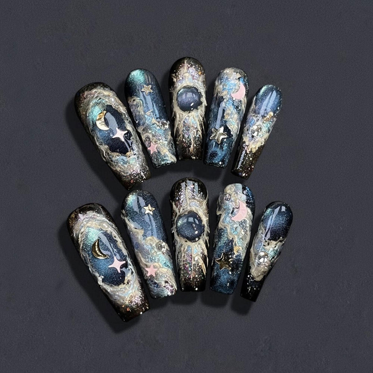 Celestial Galaxy Press On Nails With Gold Moons, Stars, and Cosmic Marbling