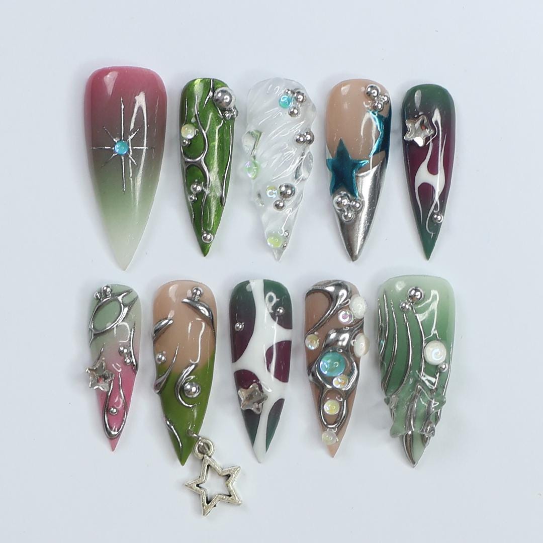Celestial Star Press On Nails with Silver Swirls, Rhinestones and Star Charm