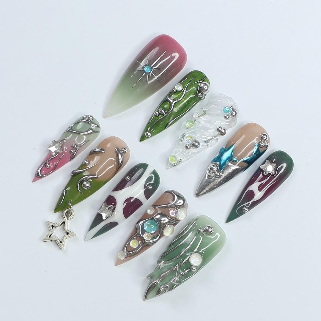 Celestial Star Press On Nails with Silver Swirls, Rhinestones and Star Charm