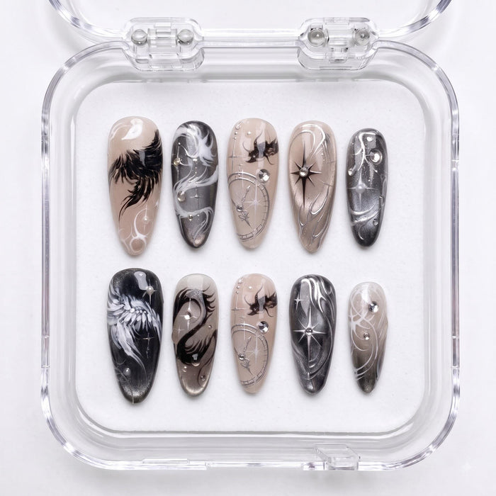 Celestial Swan Press On Nails With Silver Chrome Swirls and Rhinestone Accents