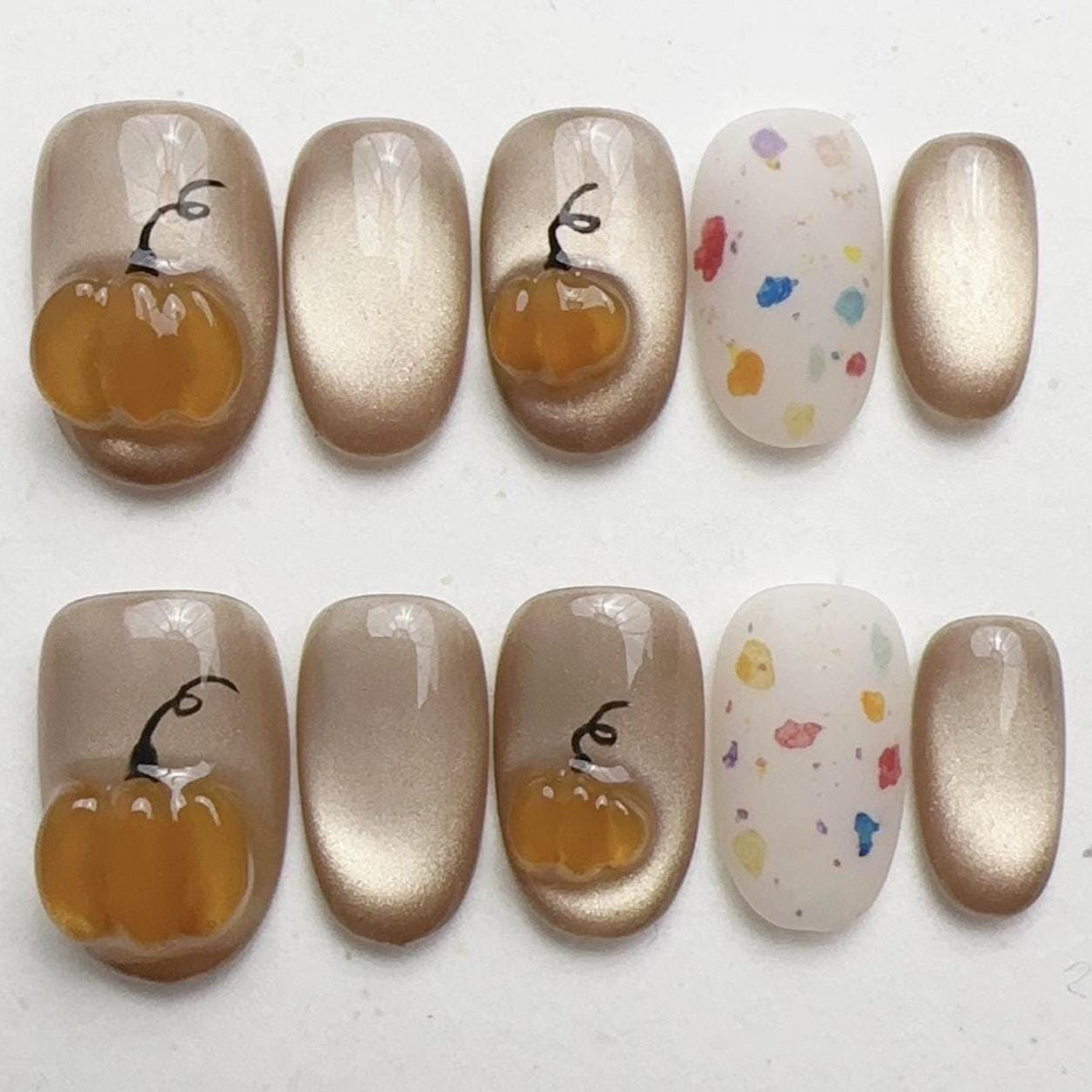 Champagne Gold Cat Eye Pumpkin Press On Nails With 3D Fall Details