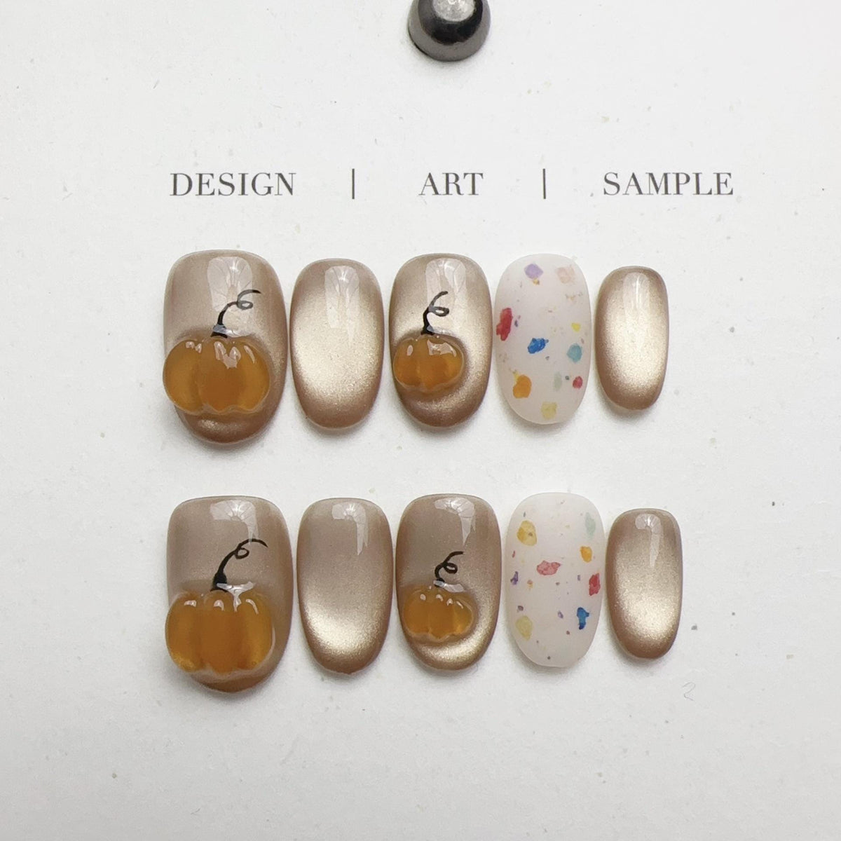Champagne Gold Cat Eye Pumpkin Press On Nails With 3D Fall Details