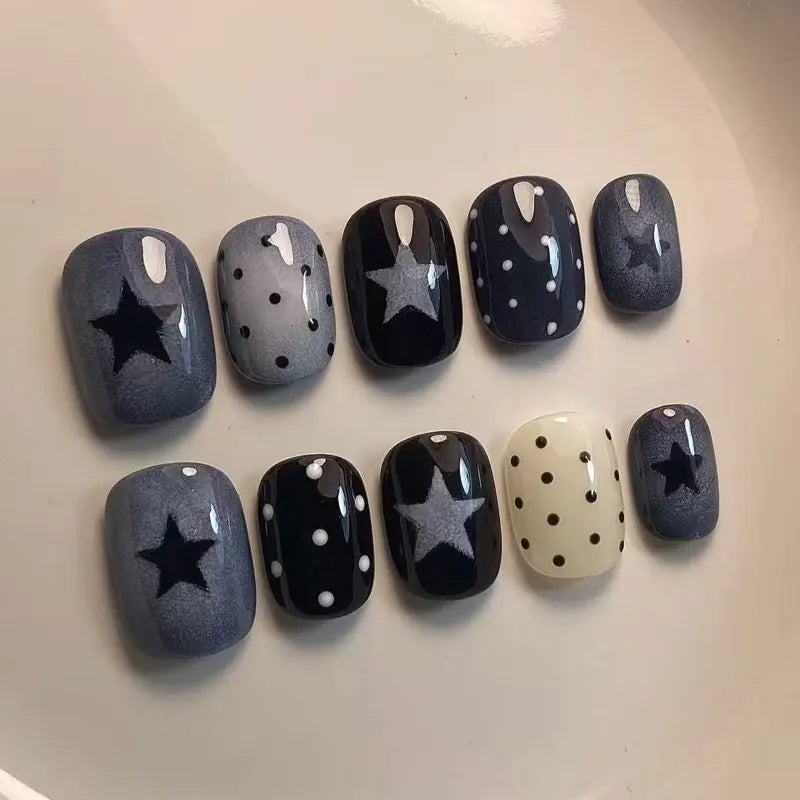 Charcoal, Black & Ivory Star and Polka Dot Nail Set