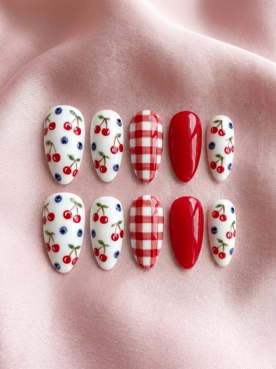 Cherry and Blueberry Gingham Summer Press-On Nail Set