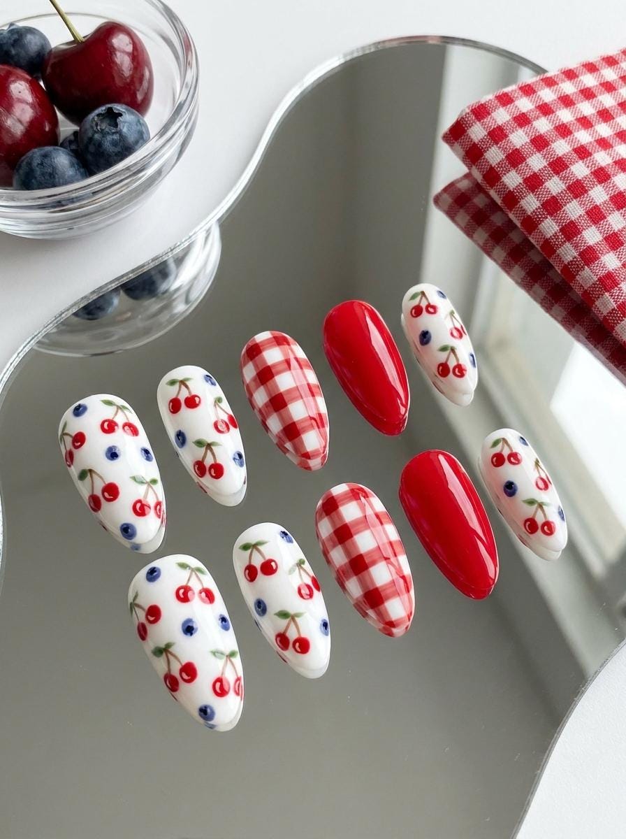 Cherry and Blueberry Gingham Summer Press-On Nail Set