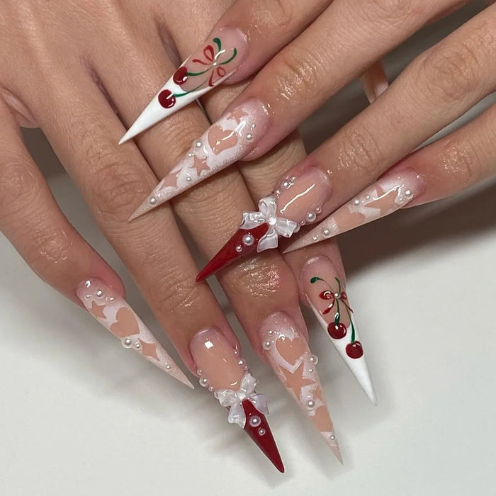 Cherry and Bow Press-On Nails with Sheer Nude Pink, White, and Red Details
