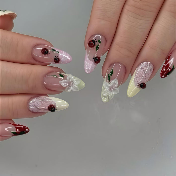 Cherry and Lace Spring Floral Press-On Nail Set