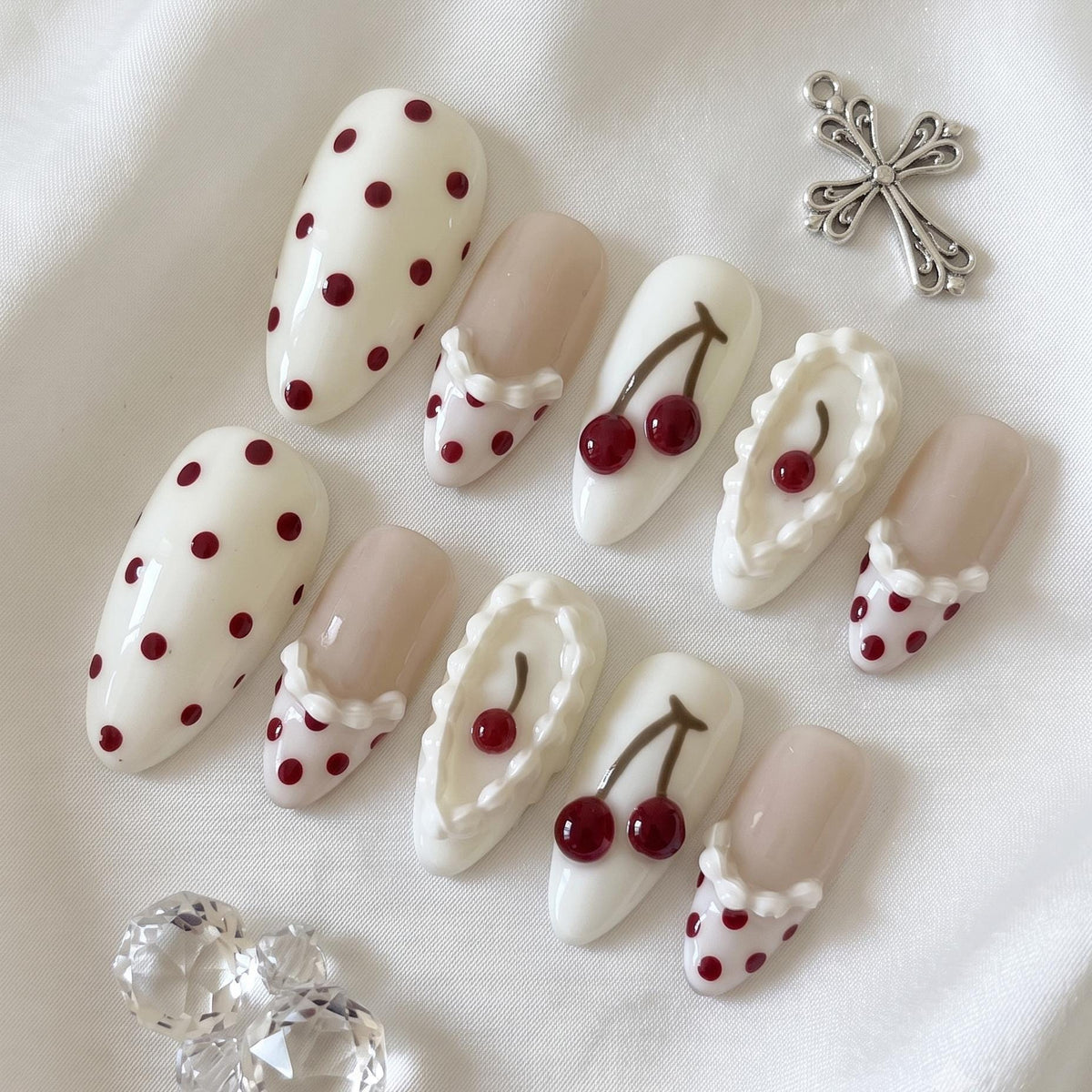Cherry and Red Polka Dot Press-On Nails with Raised Ruffle Details