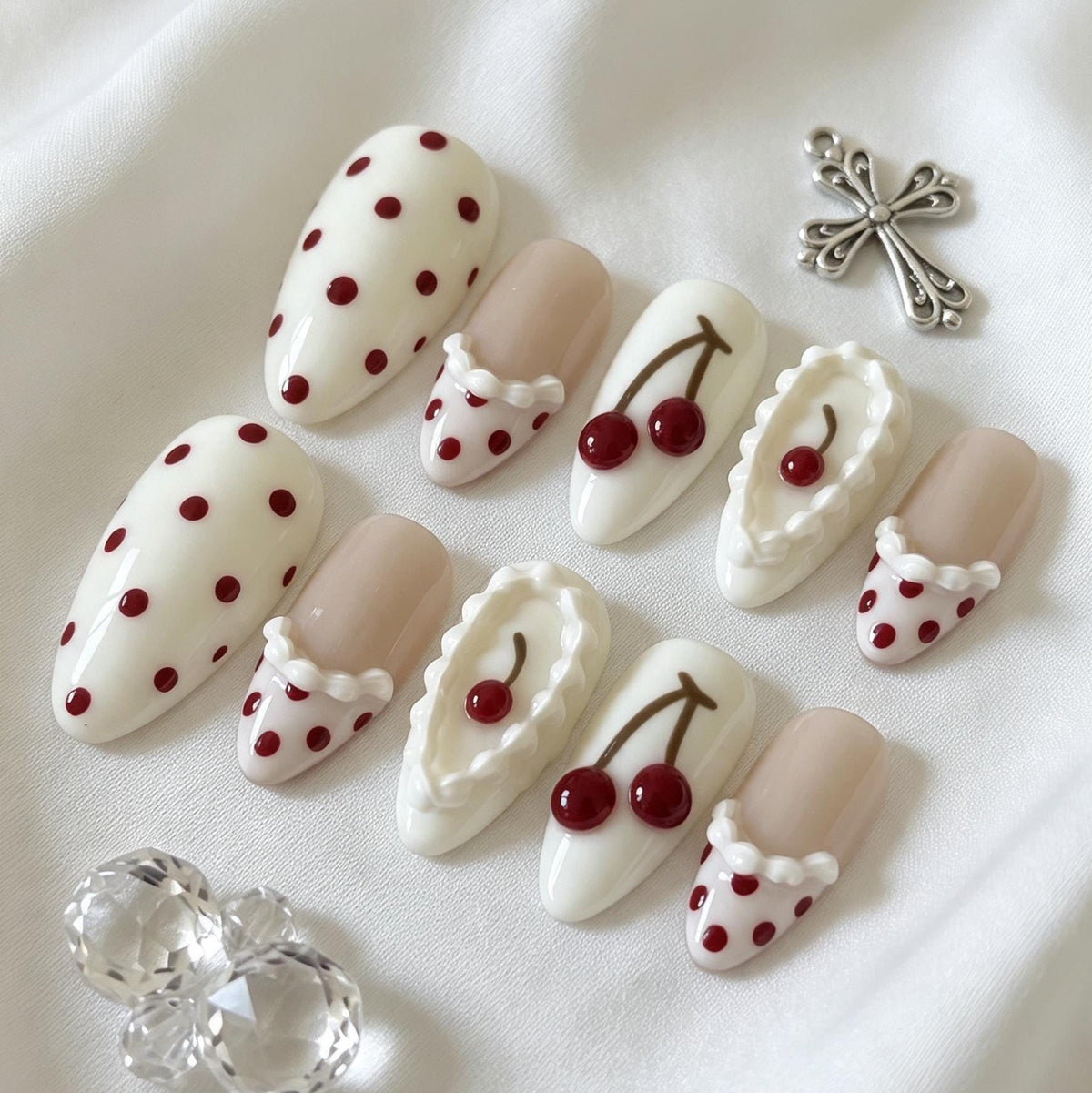Cherry and Red Polka Dot Press-On Nails with Raised Ruffle Details