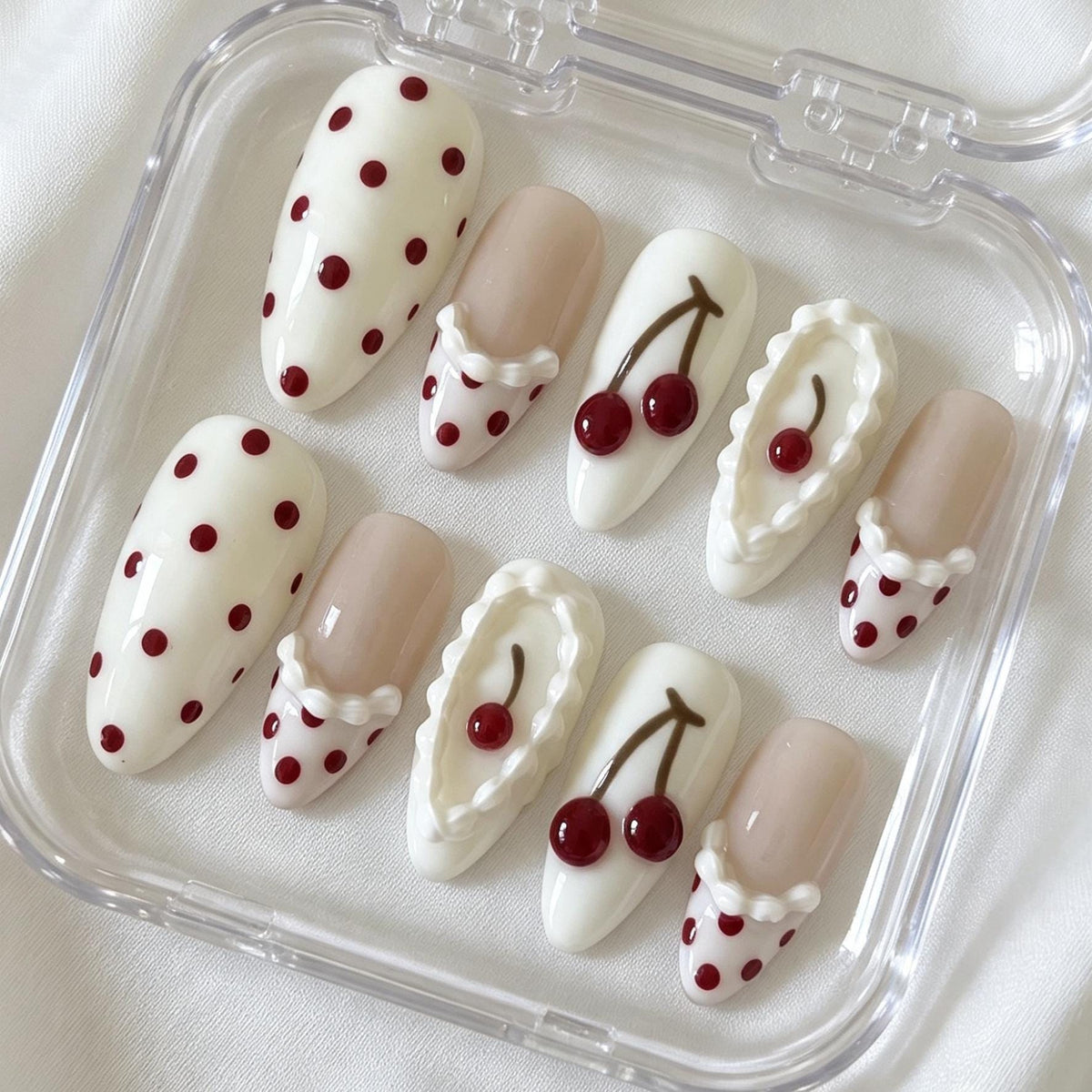 Cherry and Red Polka Dot Press-On Nails with Raised Ruffle Details