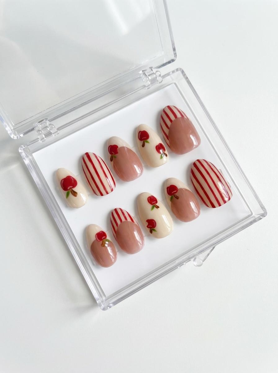 Cherry and Red Stripe French Tip Nail Set