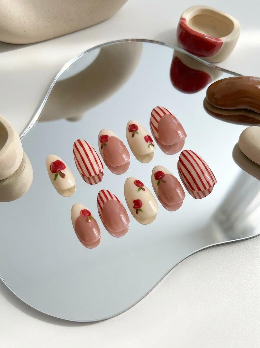 Cherry and Red Stripe French Tip Nail Set
