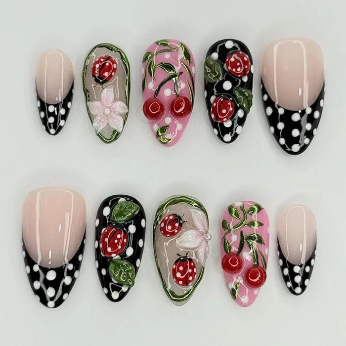 Cherry and Strawberry Fruit Press On Nail Set with Floral Details and Polka Dot French Tips