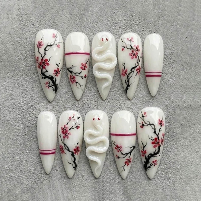 Cherry Blossom and Sculpted Snake Press On Nail Set in Ivory, Black, and Magenta