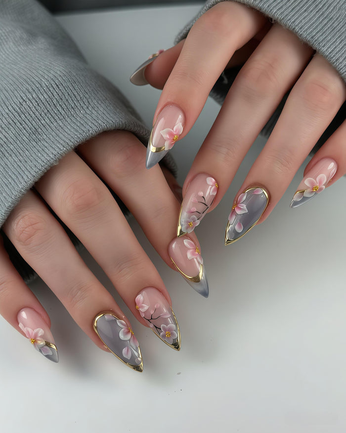 Cherry Blossom Press-On Nails with Gold Edging and Smoky Lilac Panels