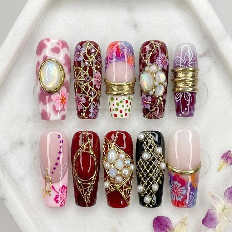 Cherry Blossom Press-On Nails With Gold Linework and Pearl Accents