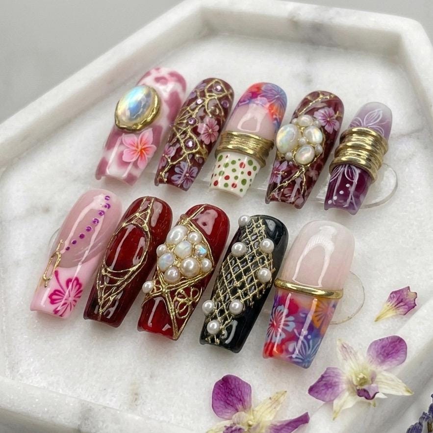 Cherry Blossom Press-On Nails With Gold Linework and Pearl Accents