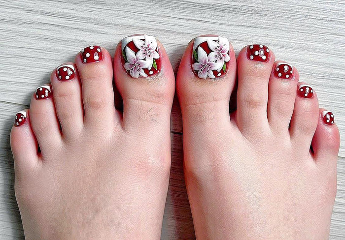 Cherry Blossom Red Polka Dot Press-On Toenails