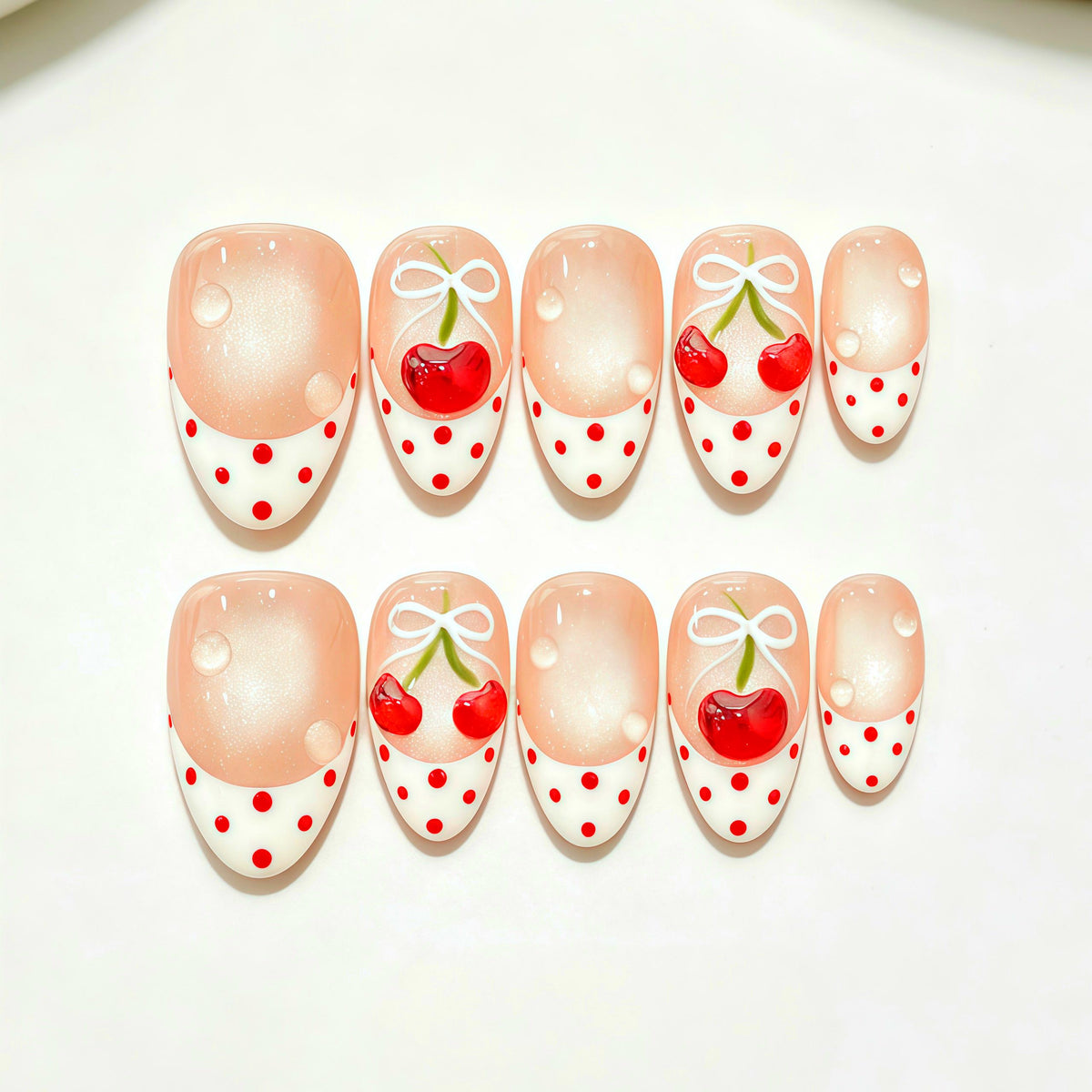 Cherry Bow French Tip Press On Nails With Red Polka Dots