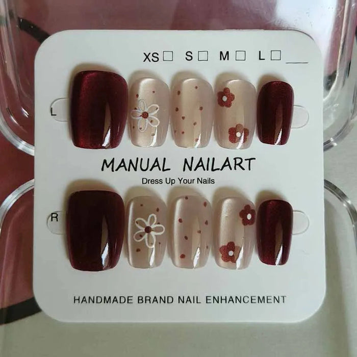 Cherry Burgundy Cat Eye and Floral Nude Press On Nail Set