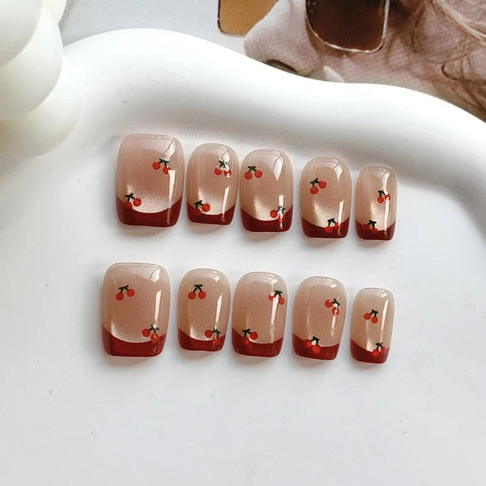 Cherry Cat Eye French Tip Press On Nails in Sheer Nude Pink and Burgundy