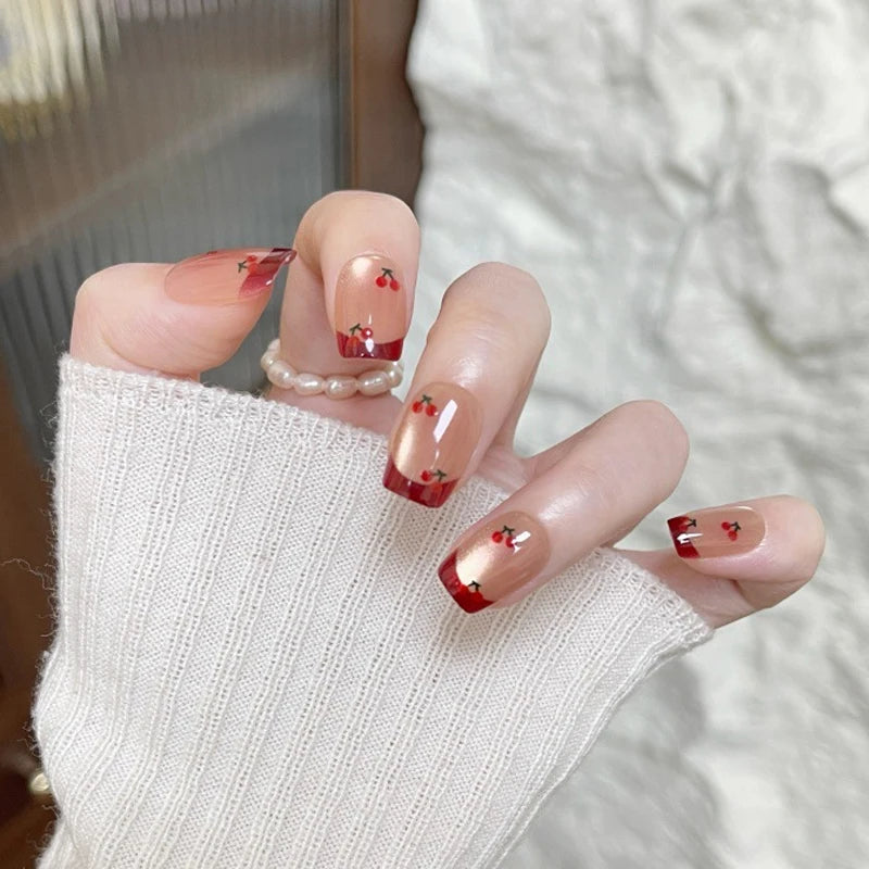 Cherry Cat Eye French Tip Press On Nails in Sheer Nude Pink and Burgundy