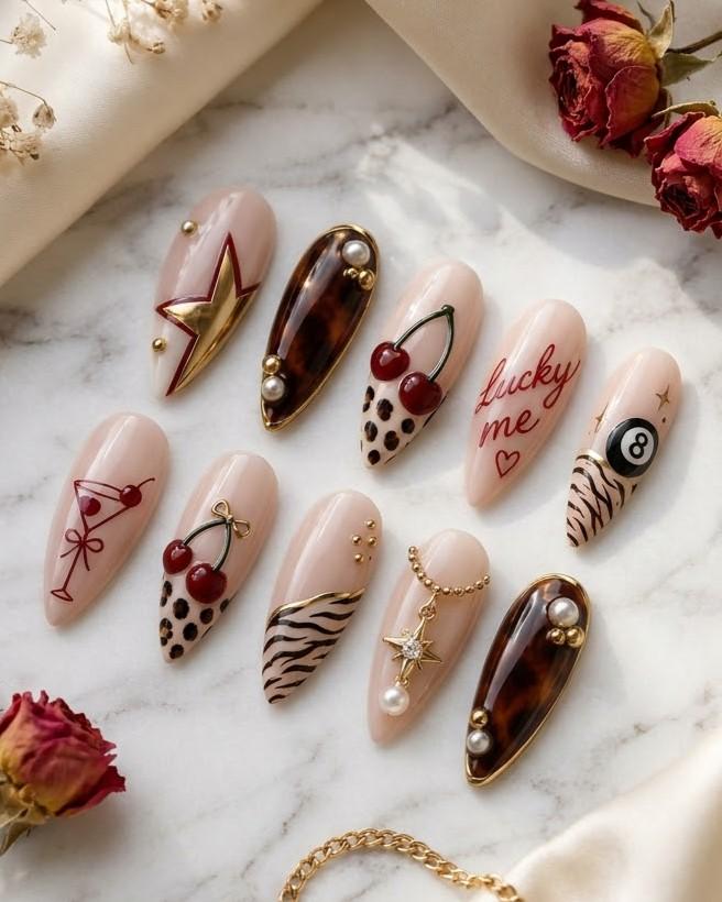 Cherry, Leopard and Zebra Print Press-On Nails with Retro Charms