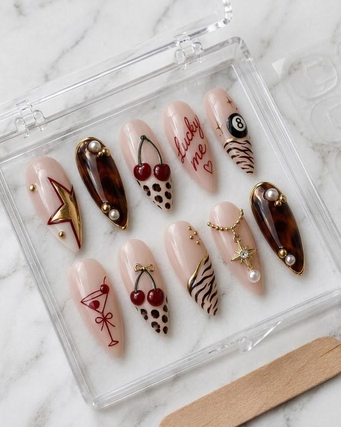 Cherry, Leopard and Zebra Print Press-On Nails with Retro Charms
