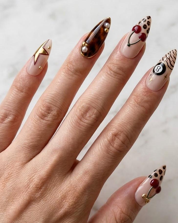 Cherry, Leopard and Zebra Print Press-On Nails with Retro Charms