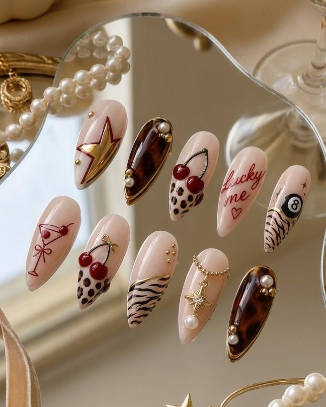 Cherry, Leopard and Zebra Print Press-On Nails with Retro Charms