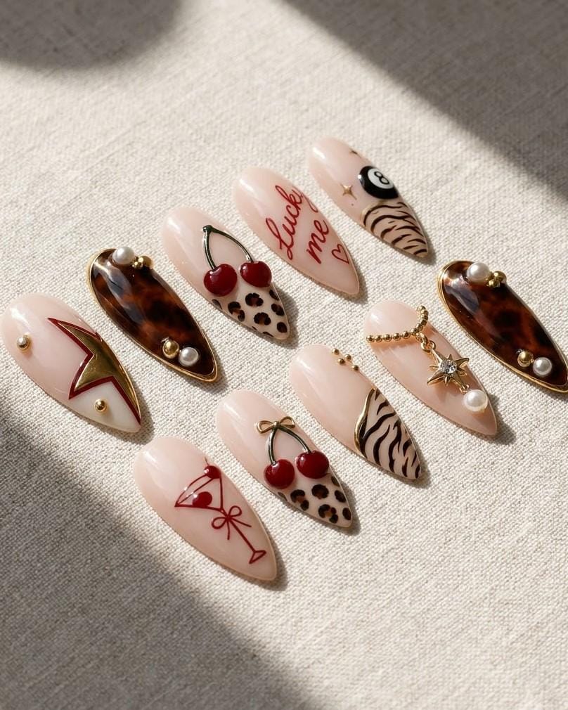 Cherry, Leopard and Zebra Print Press-On Nails with Retro Charms