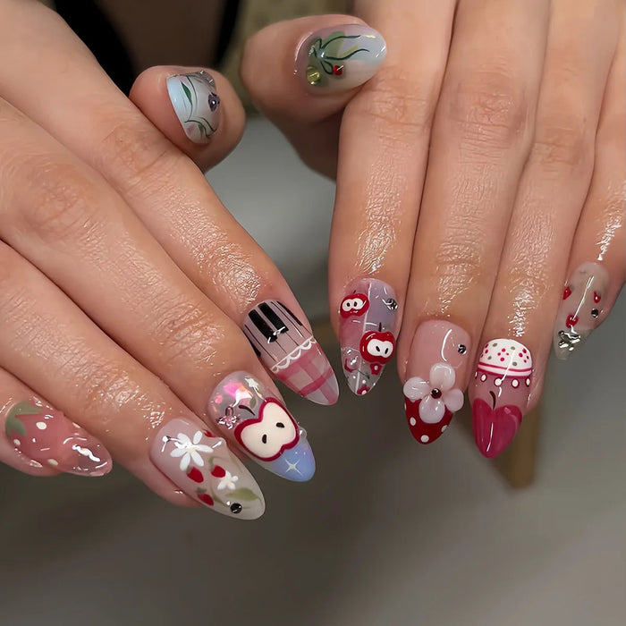 Cherry Plaid and Cute Motif Press On Nails with Hearts and Flowers