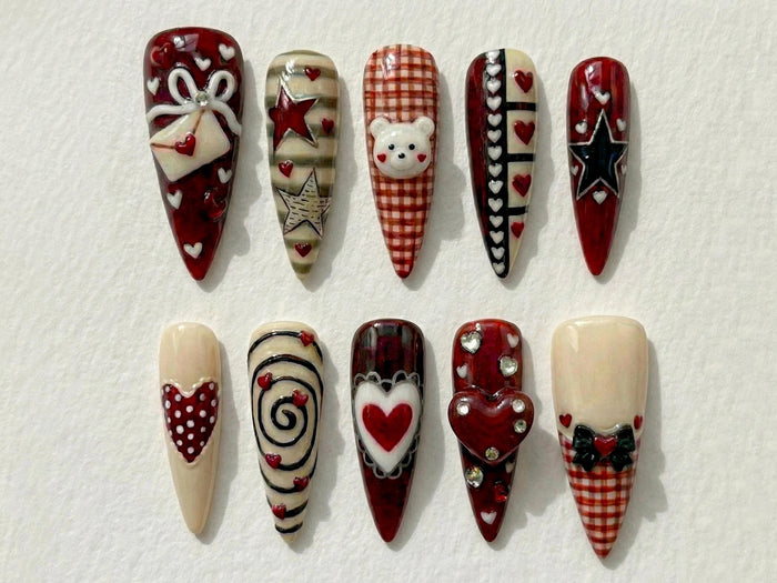 Cherry Red and Cream Gingham Valentine Press On Nails with Raised Bow, Hearts and Bear Detail