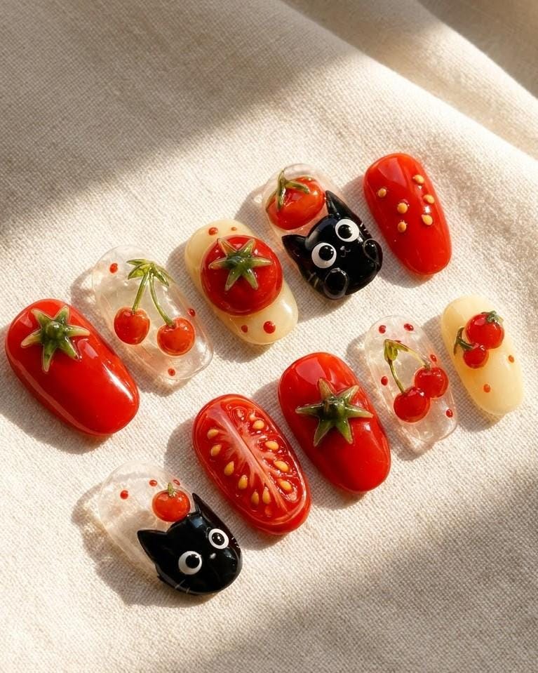 Cherry Tomato Press-On Nails With Cat Face Accents