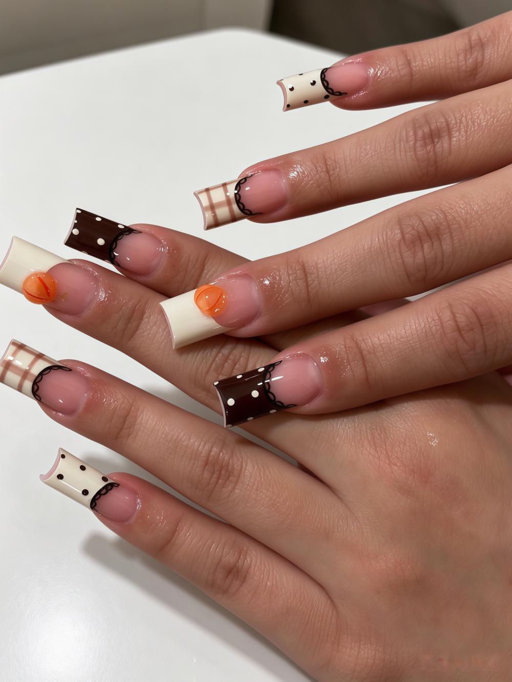 Chocolate and Ivory Polka Dot Nails with Orange Bead Accents