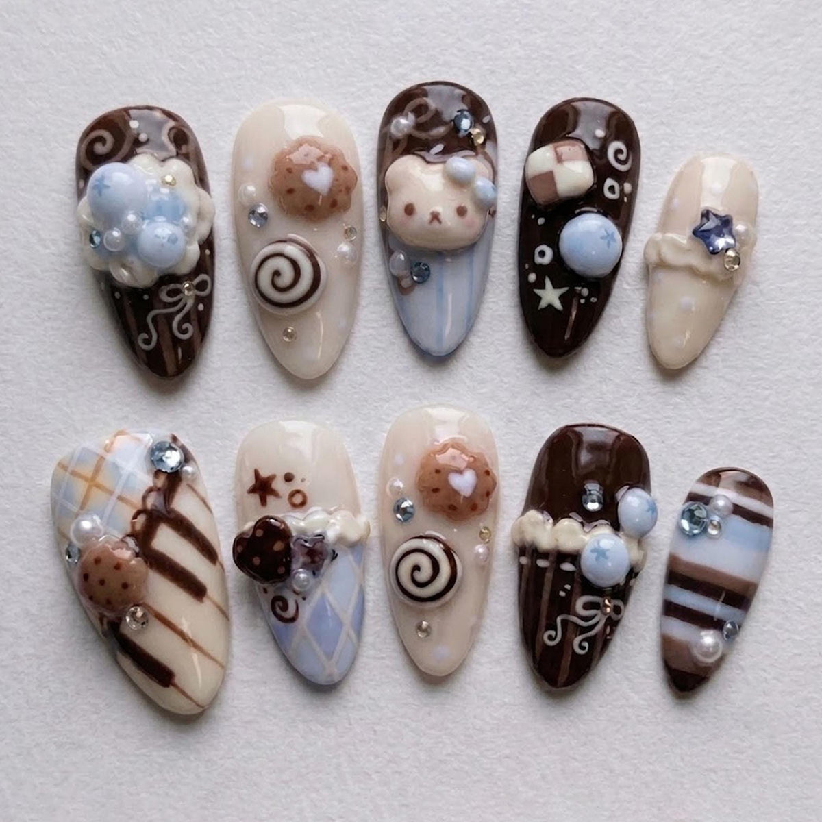 Chocolate Bear Dessert Nails With Pearl Clusters and Plaid Details