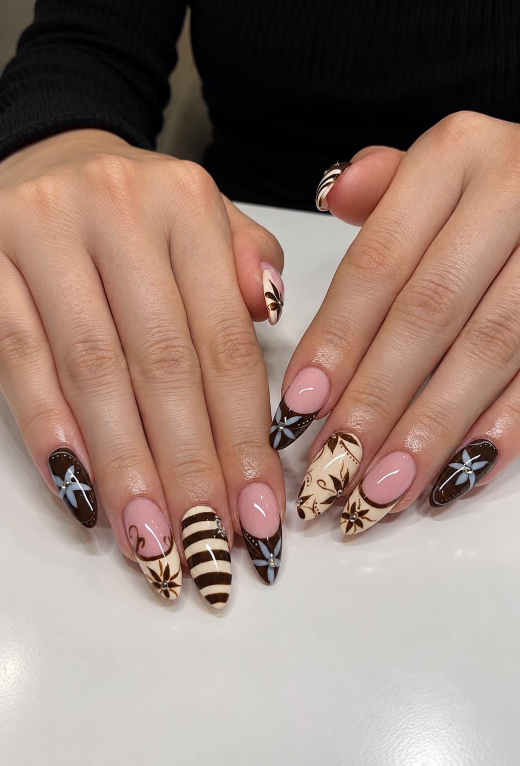 Chocolate Brown and Cream Floral Bow French Tip Nail Set