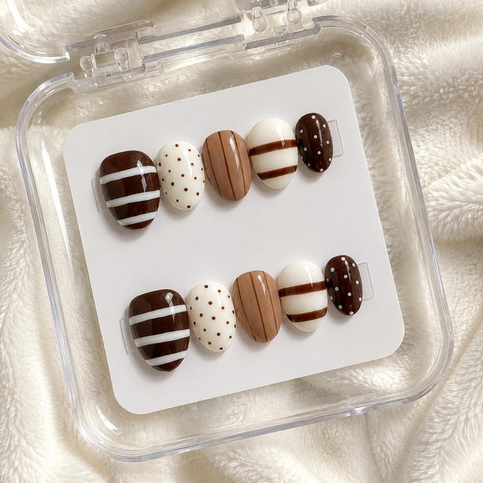 Chocolate Brown and Cream Polka Dot Stripe Fall Press On Nail Set