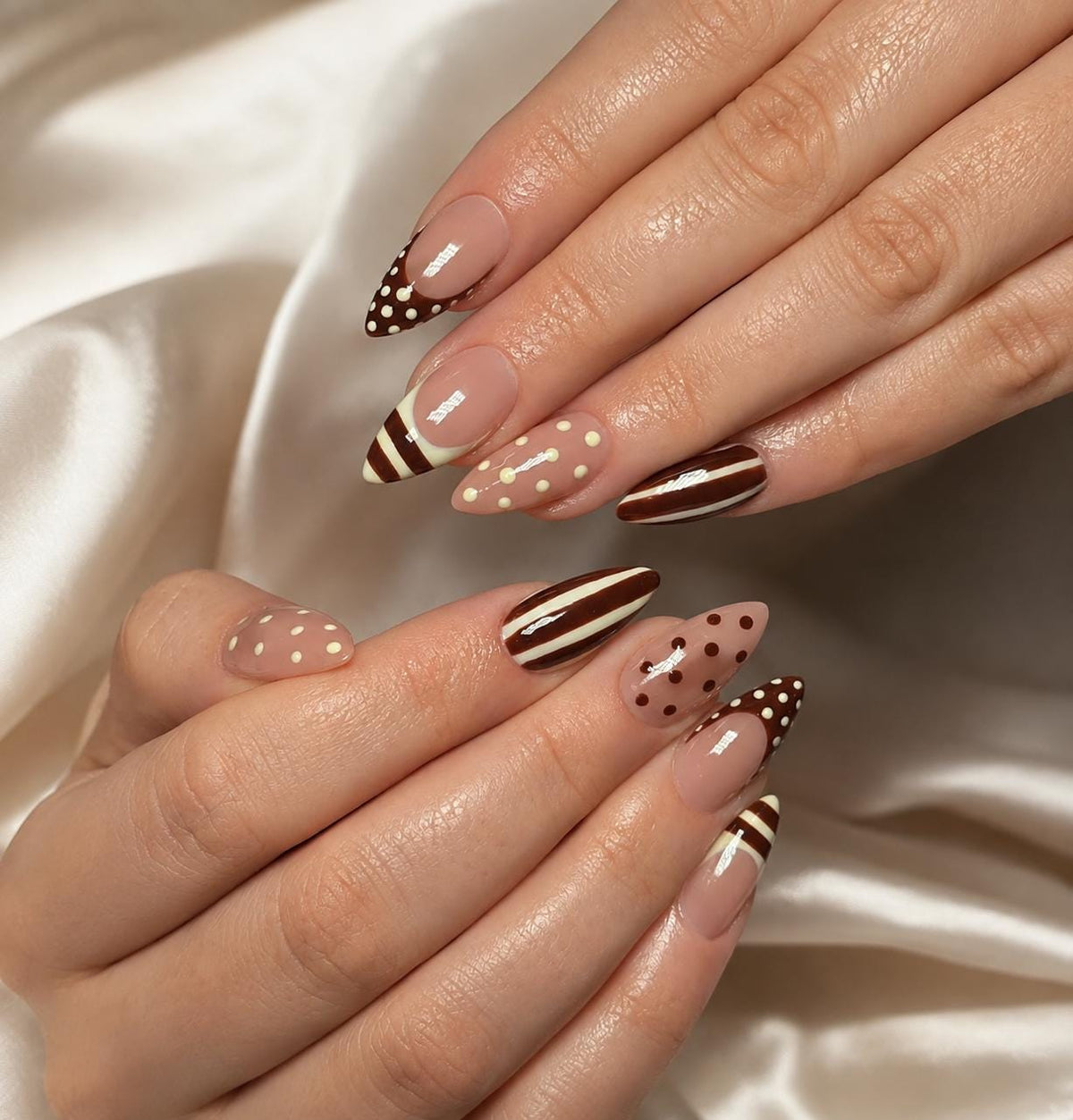Chocolate Brown and Cream Striped French Tip and Polka Dot Nail Set
