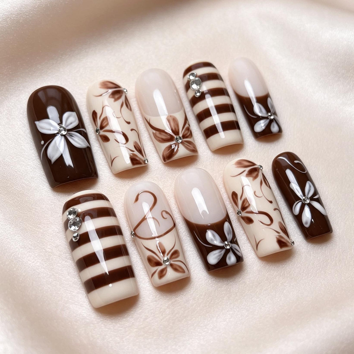 Chocolate Brown and Ivory Floral Stripe Press On Nails with Rhinestone Accents
