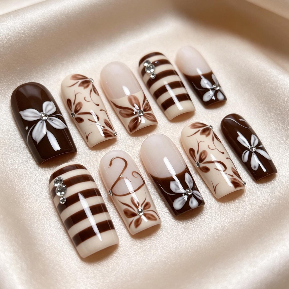 Chocolate Brown and Ivory Floral Stripe Press On Nails with Rhinestone Accents