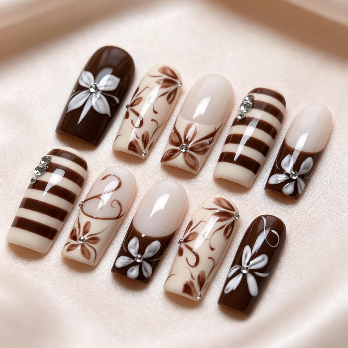 Chocolate Brown and Ivory Floral Stripe Press On Nails with Rhinestone Accents