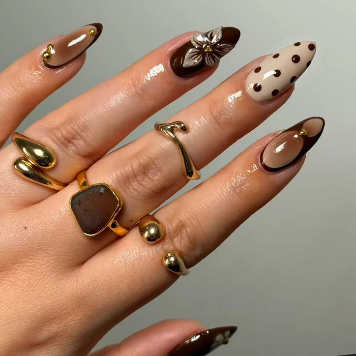 Chocolate Brown and Nude Polka Dot Flower Press On Nails